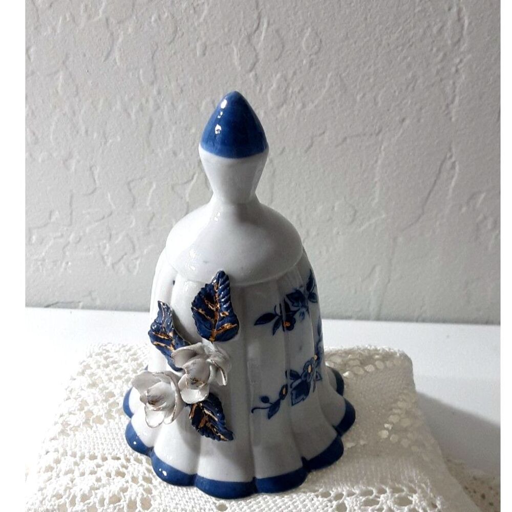 Vintage Decorative or Collectible Porcelain Bell Hand Painted Blue and White